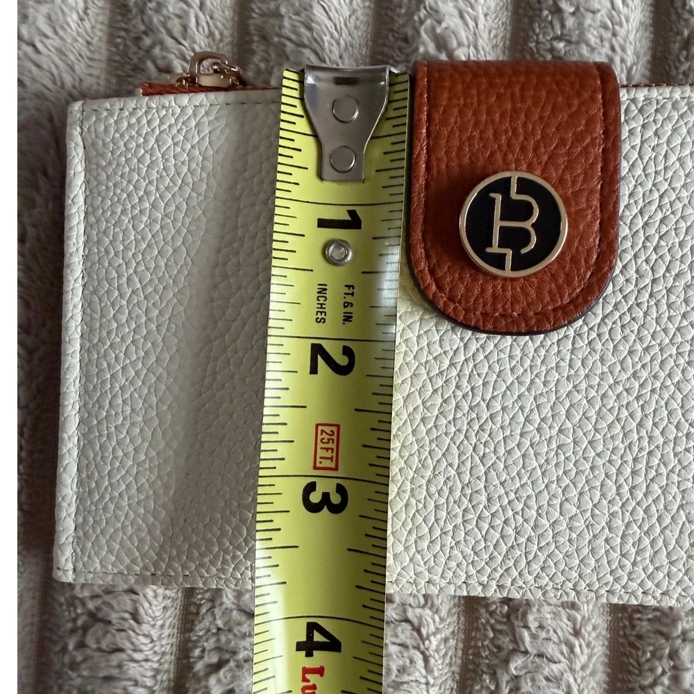 Bostanten Slim Bifold Wallet Cream Cognac Pebbled‎ Vegan Leather Zip Card Case